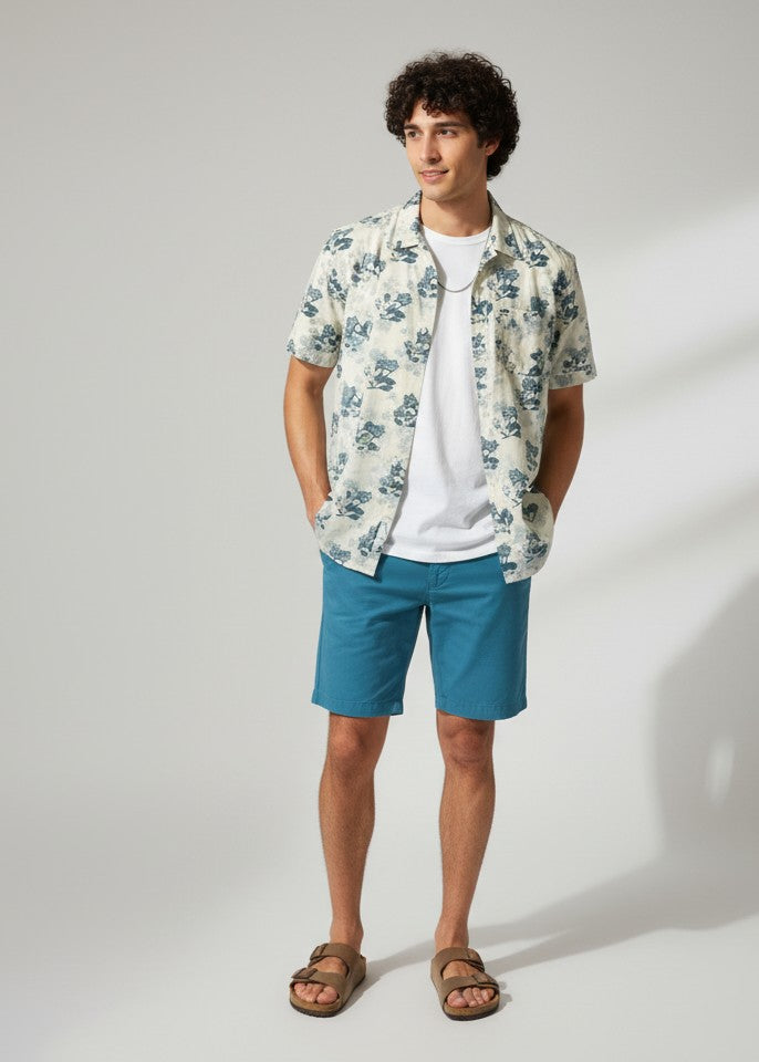 White Floral Print Band Collar Pure Cotton Men's Shirt