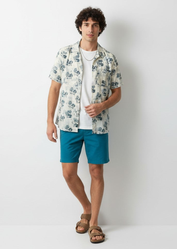 White Floral Print Band Collar Pure Cotton Men's Shirt