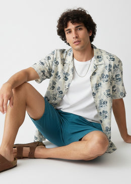 White Floral Print Band Collar Pure Cotton Men's Shirt