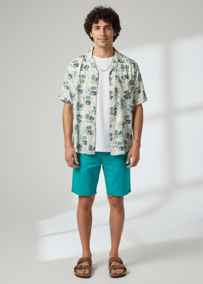 White Floral Print Band Collar Pure Cotton Men's Shirt