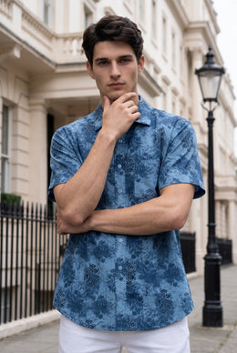 Blue Band Collar Ethnic Motifs Print Casual Cotton Men's Shirt