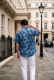 Blue Band Collar Ethnic Motifs Print Casual Cotton Men's Shirt