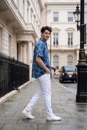 Blue Band Collar Ethnic Motifs Print Casual Cotton Men's Shirt