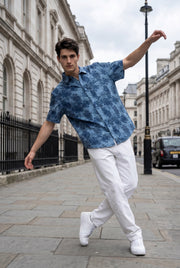 Blue Band Collar Ethnic Motifs Print Casual Cotton Men's Shirt