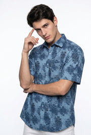 Blue Band Collar Ethnic Motifs Print Casual Cotton Men's Shirt