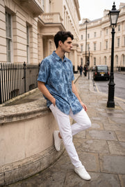 Blue Band Collar Ethnic Motifs Print Casual Cotton Men's Shirt