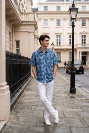 Blue Band Collar Ethnic Motifs Print Casual Cotton Men's Shirt