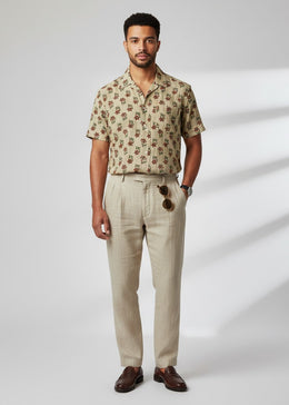 Beige Ethnic Motifs Spread Collar Pure Cotton Men's Shirt