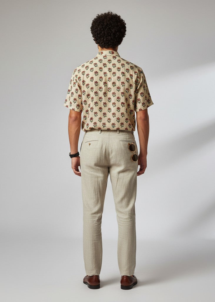 Beige Ethnic Motifs Spread Collar Pure Cotton Men's Shirt