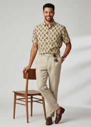 Beige Ethnic Motifs Spread Collar Pure Cotton Men's Shirt