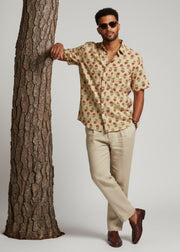 Beige Ethnic Motifs Spread Collar Pure Cotton Men's Shirt
