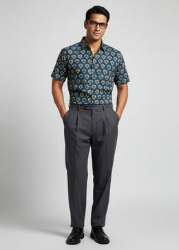 Blue Spread Collar Ethnic Motifs Pure Cotton Men's Shirt