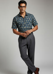 Blue Spread Collar Ethnic Motifs Pure Cotton Men's Shirt