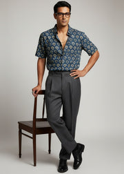 Blue Spread Collar Ethnic Motifs Pure Cotton Men's Shirt
