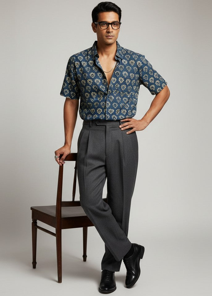 Blue Spread Collar Ethnic Motifs Pure Cotton Men's Shirt