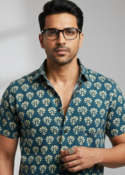 Blue Spread Collar Ethnic Motifs Pure Cotton Men's Shirt