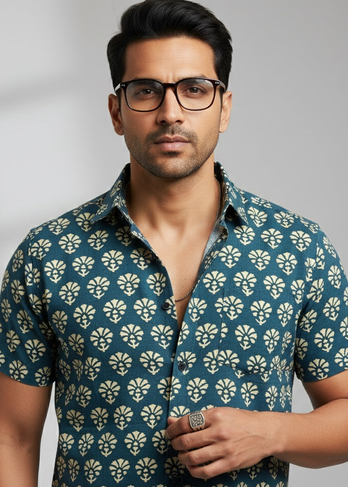 Blue Spread Collar Ethnic Motifs Pure Cotton Men's Shirt