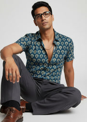 Blue Spread Collar Ethnic Motifs Pure Cotton Men's Shirt