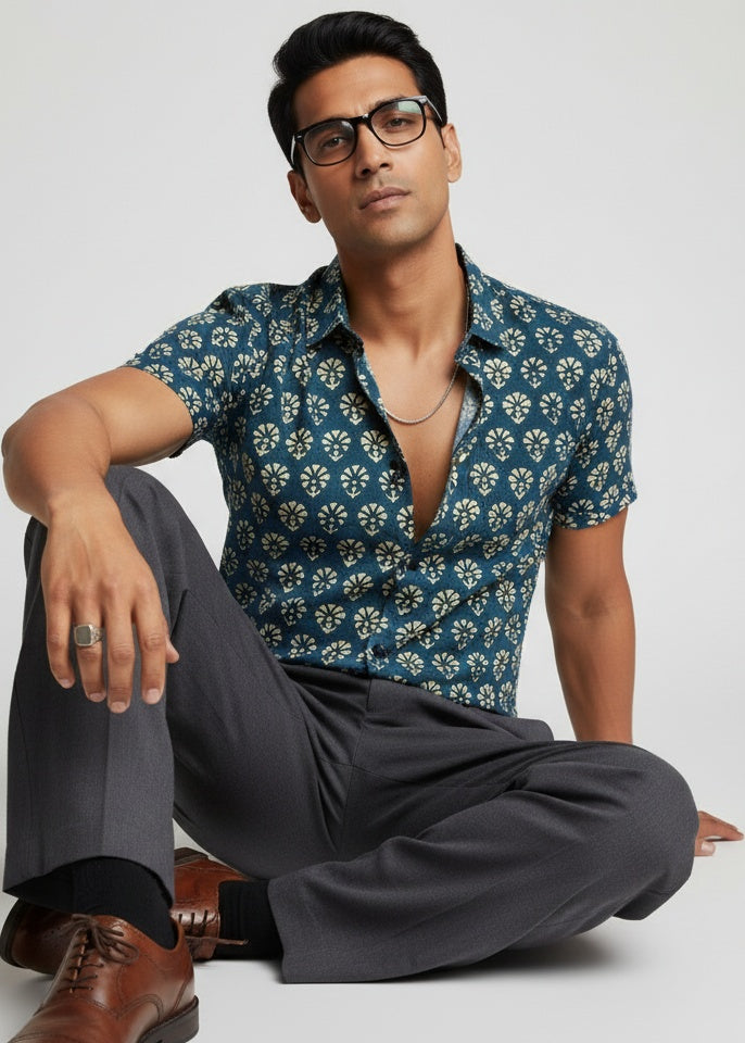 Blue Spread Collar Ethnic Motifs Pure Cotton Men's Shirt
