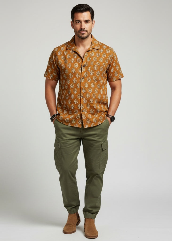 Mustard Spread Collar Ethnic Motifs Pure Cotton Men's Shirt