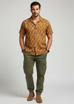 Mustard Spread Collar Ethnic Motifs Pure Cotton Men's Shirt