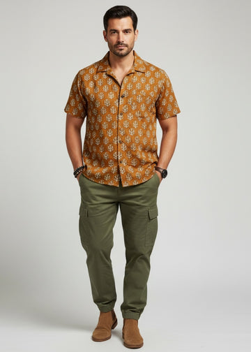 Mustard Spread Collar Ethnic Motifs Pure Cotton Men's Shirt