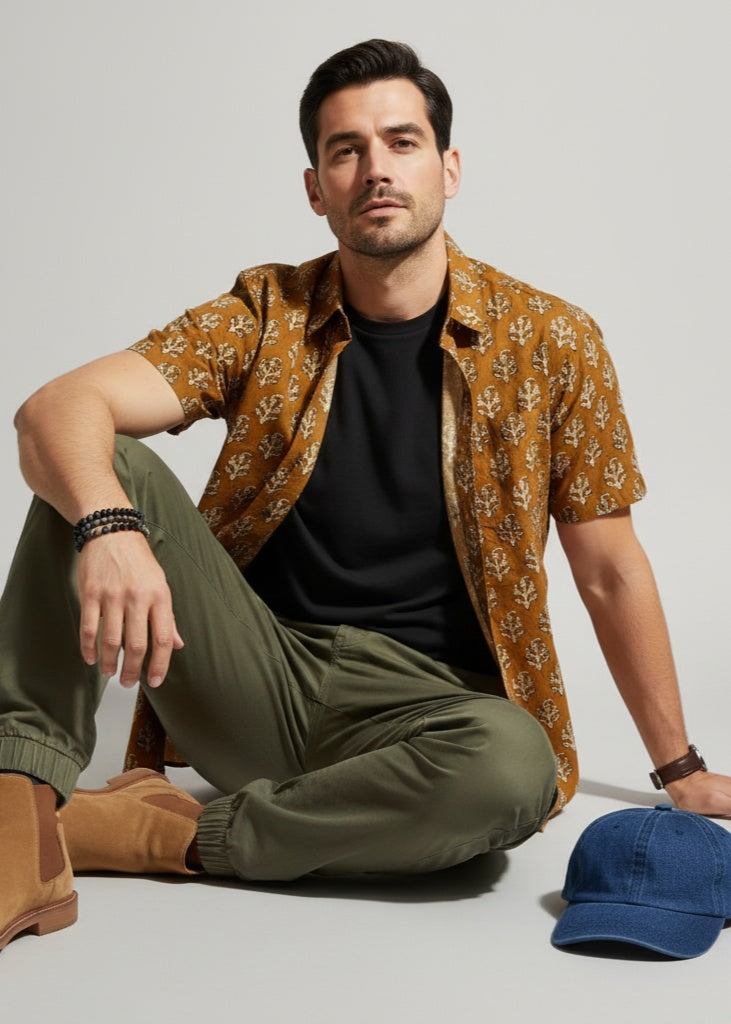Mustard Spread Collar Ethnic Motifs Pure Cotton Men's Shirt