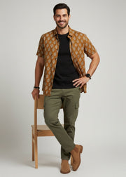 Mustard Spread Collar Ethnic Motifs Pure Cotton Men's Shirt