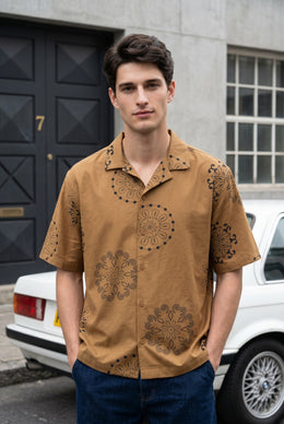 Brown Abstract Print Cuban Collar Casual Cotton Men's Shirt