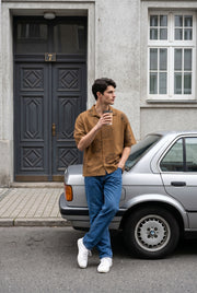 Brown Abstract Print Cuban Collar Casual Cotton Men's Shirt