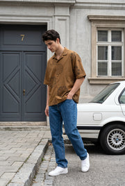 Brown Abstract Print Cuban Collar Casual Cotton Men's Shirt
