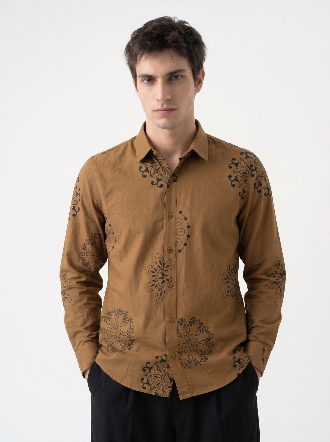 Brown Ethnic Motifs Print Band Collar Cotton Men's Shirt