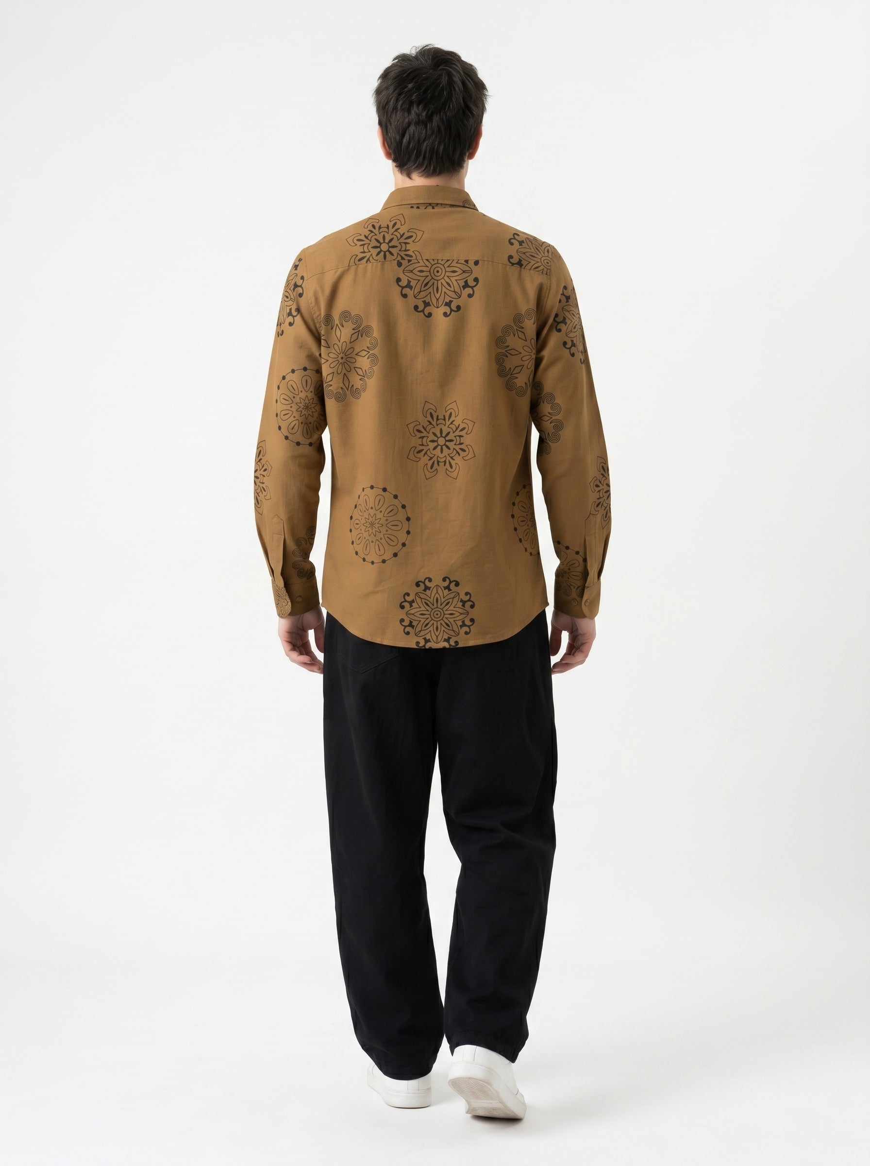 Brown Motifs Print Band Collar Regular Fit Casual Cotton Men's Shirt