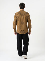 Brown Ethnic Motifs Print Band Collar Cotton Men's Shirt