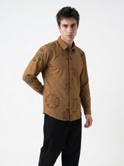 Brown Ethnic Motifs Print Band Collar Cotton Men's Shirt