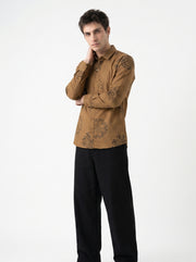 Brown Ethnic Motifs Print Band Collar Cotton Men's Shirt