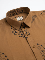Brown Ethnic Motifs Print Band Collar Cotton Men's Shirt