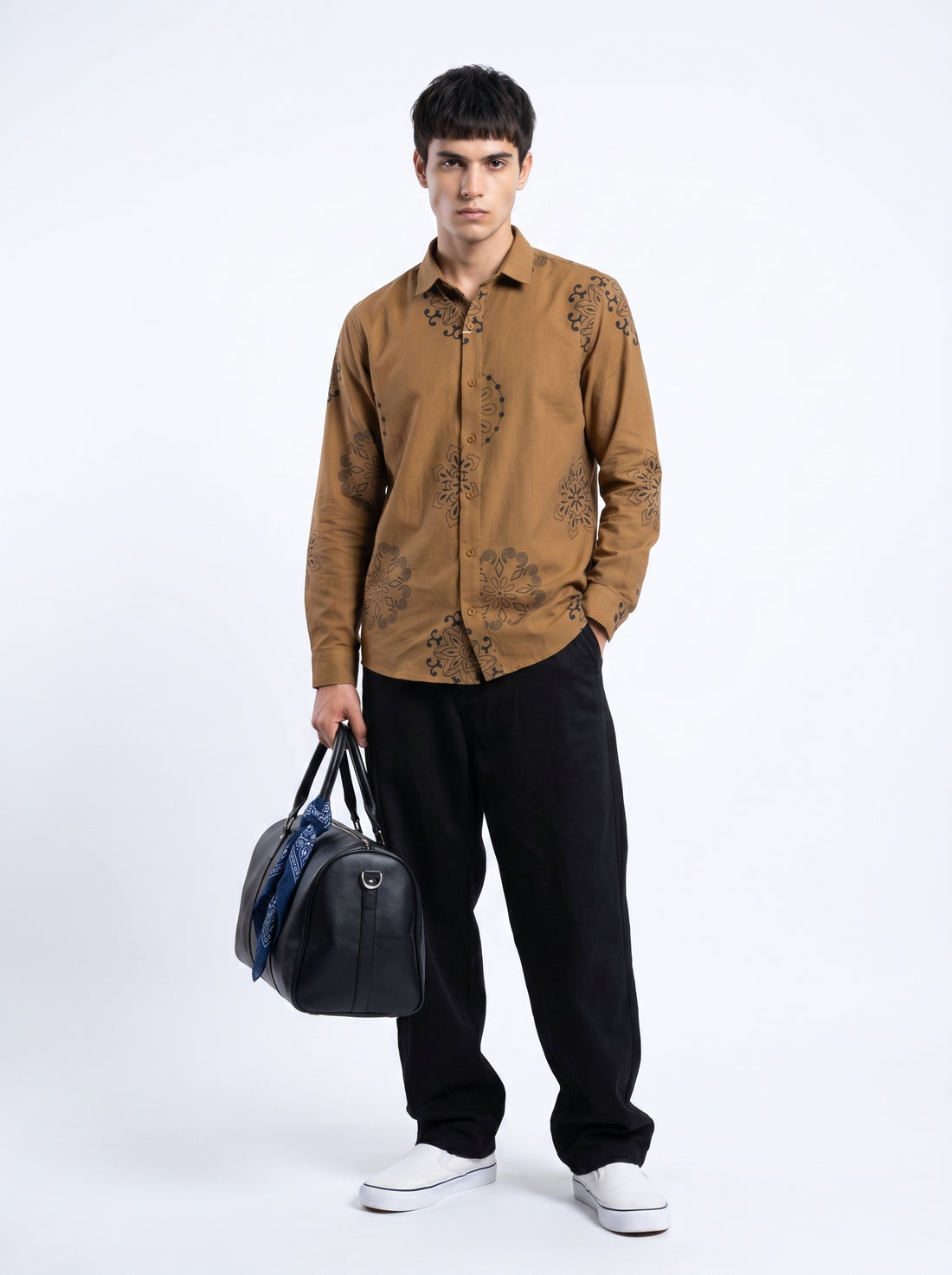Brown Motifs Print Band Collar Regular Fit Casual Cotton Men's Shirt