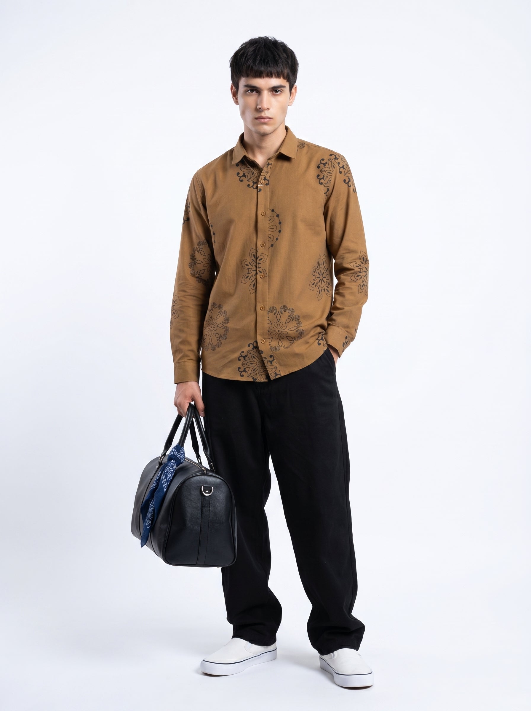 Brown Motifs Print Band Collar Regular Fit Casual Cotton Men's Shirt