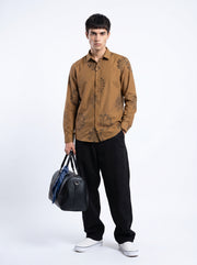 Brown Ethnic Motifs Print Band Collar Cotton Men's Shirt