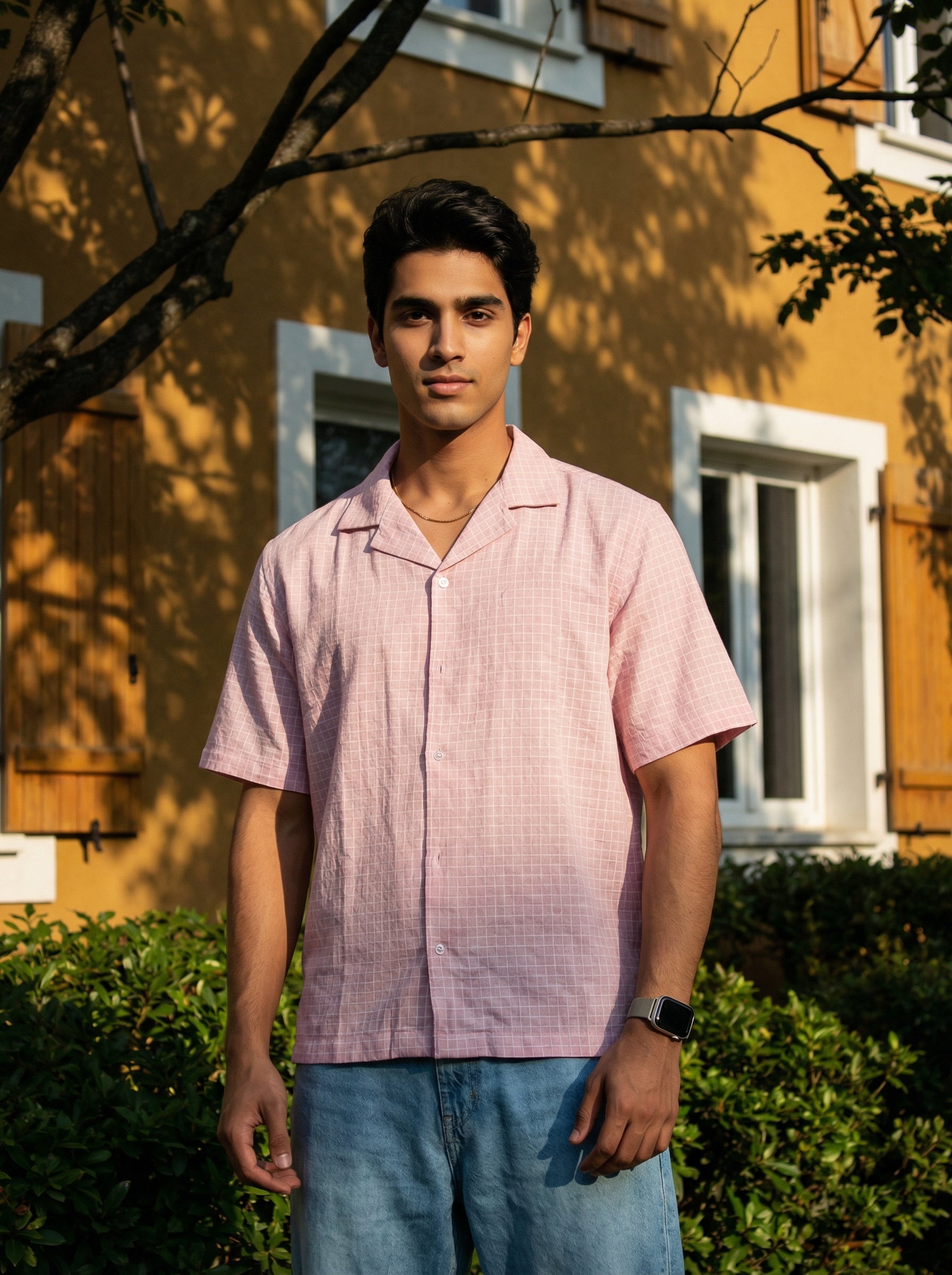 Pink Cuban Collar Short Sleeves Checked Cotton Men's Shirt