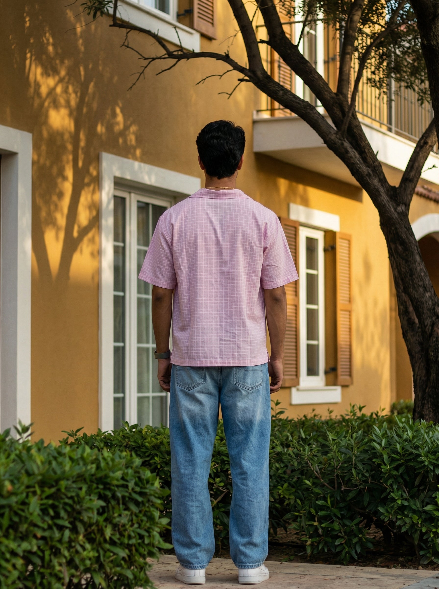 Pink Cuban Collar Short Sleeves Checked Cotton Men's Shirt