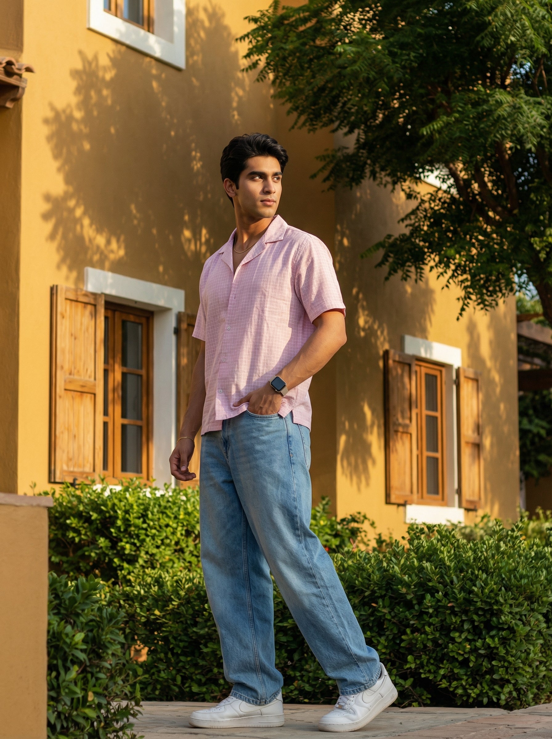 Pink Cuban Collar Short Sleeves Checked Cotton Men's Shirt