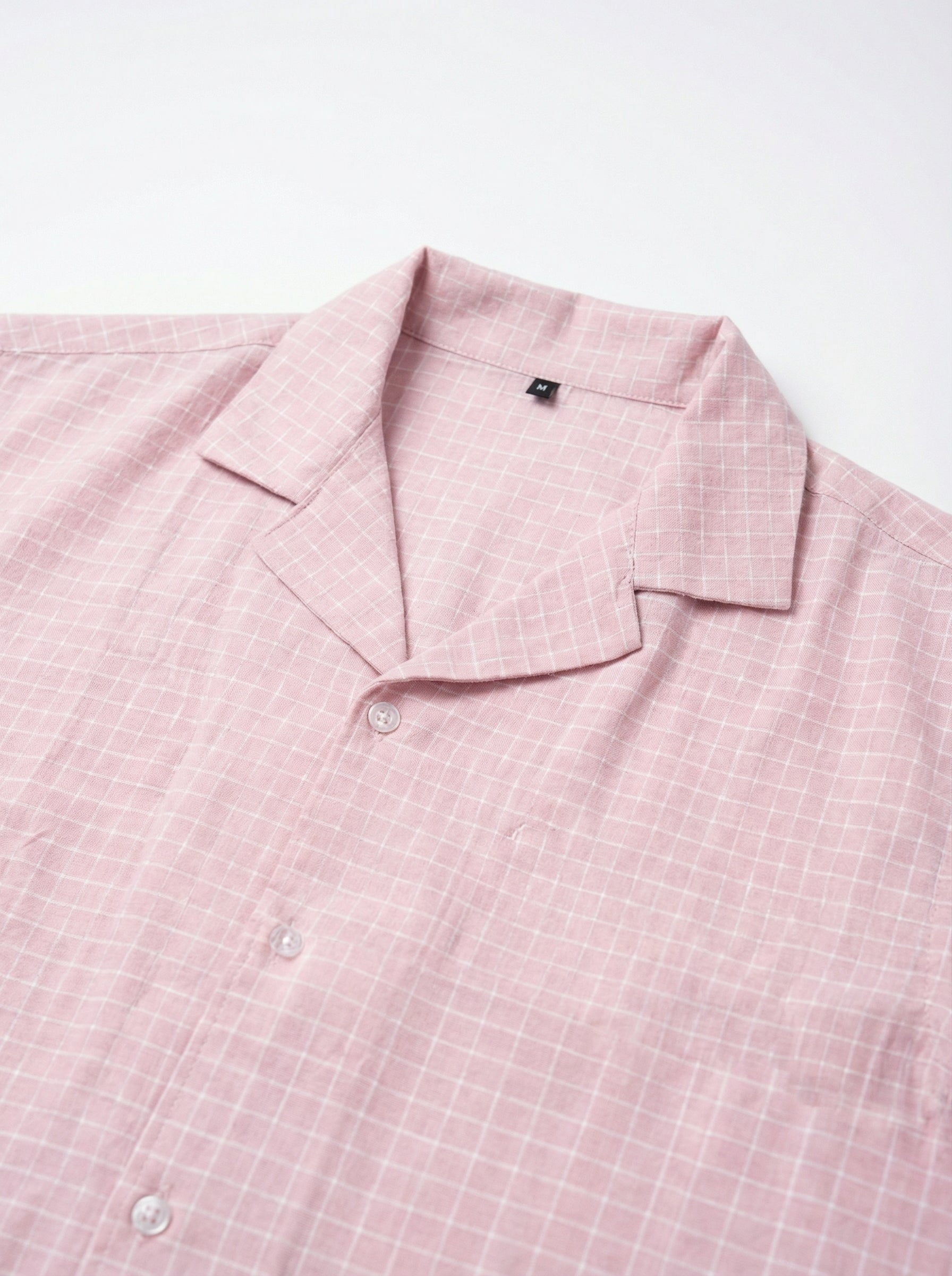Pink Cuban Collar Short Sleeves Checked Cotton Men's Shirt