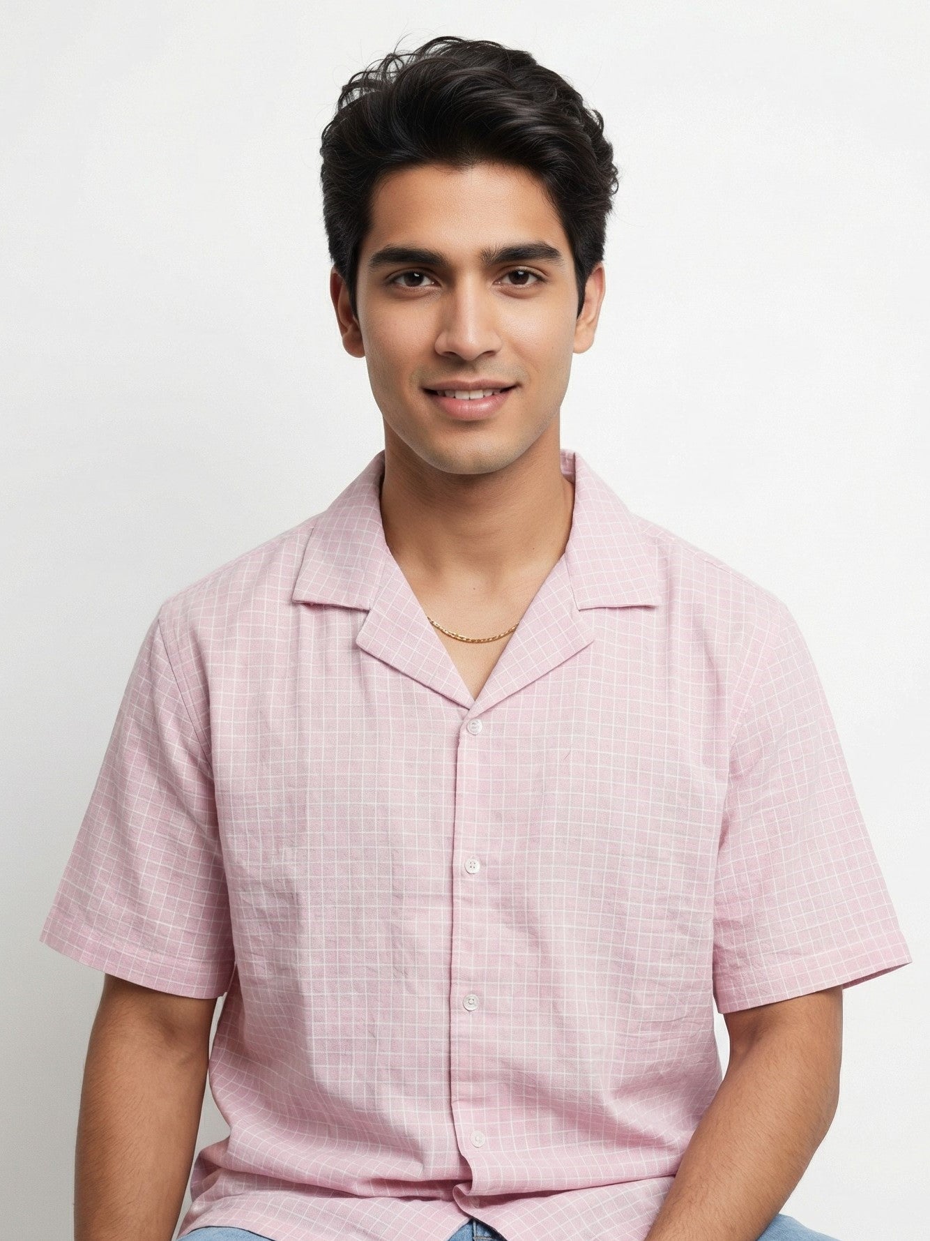 Pink Cuban Collar Short Sleeves Checked Cotton Men's Shirt