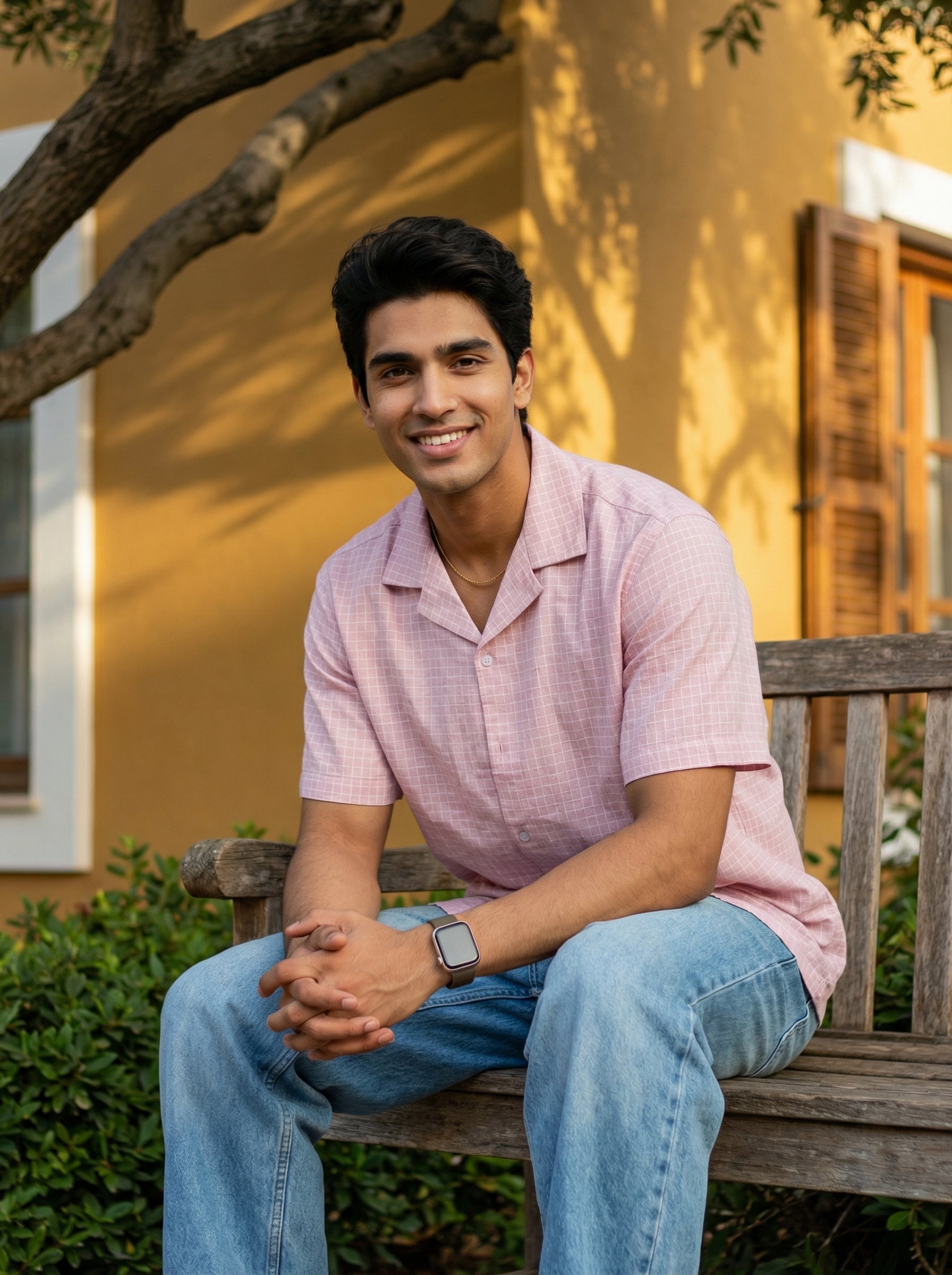Pink Cuban Collar Short Sleeves Checked Cotton Men's Shirt