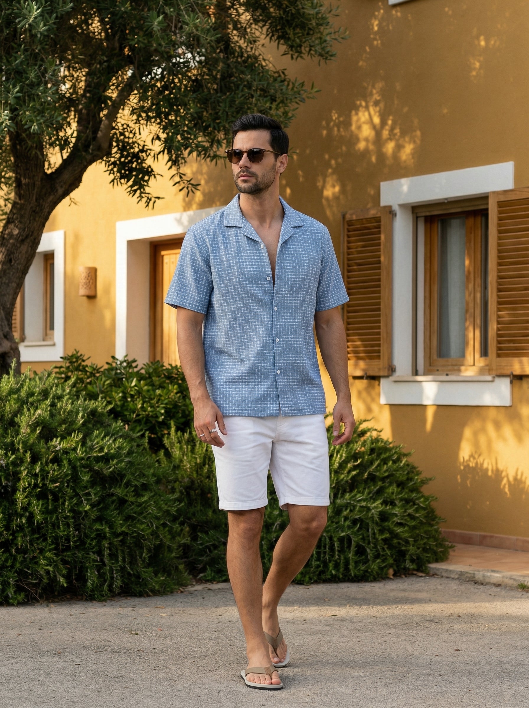 Blue Cuban Collar Short Sleeves Checks Cotton Men's Shirt