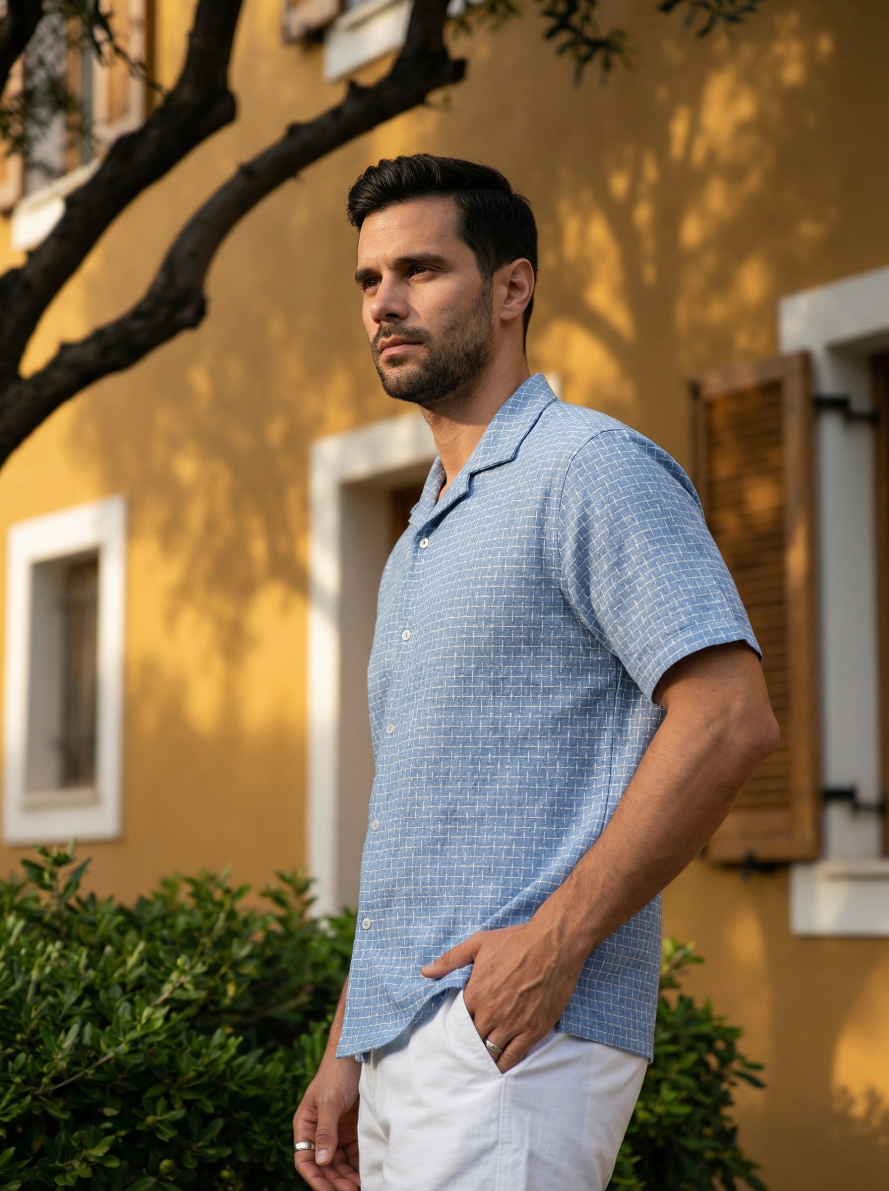 Blue Cuban Collar Short Sleeves Checks Cotton Men's Shirt