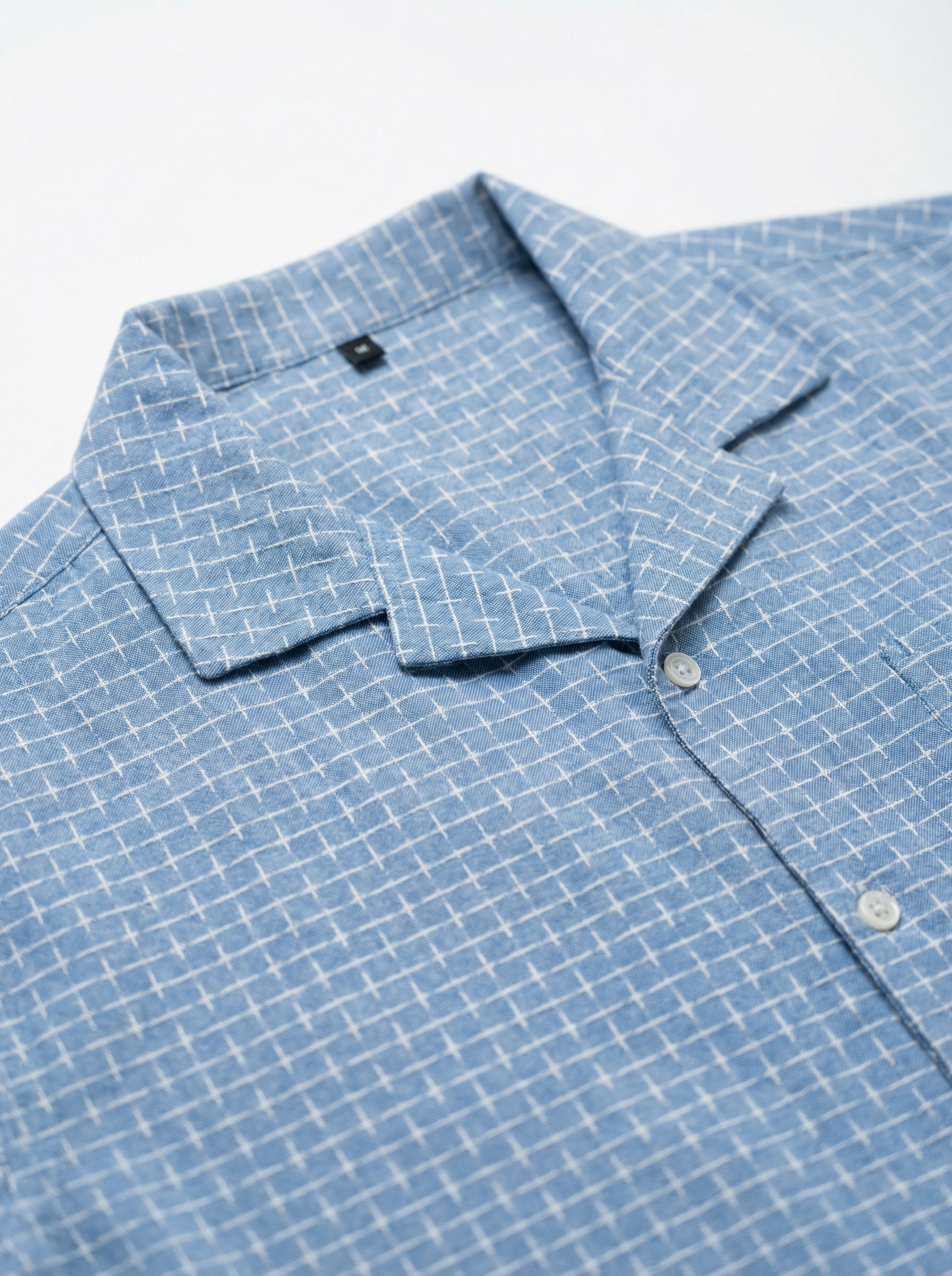 Blue Cuban Collar Short Sleeves Checks Cotton Men's Shirt