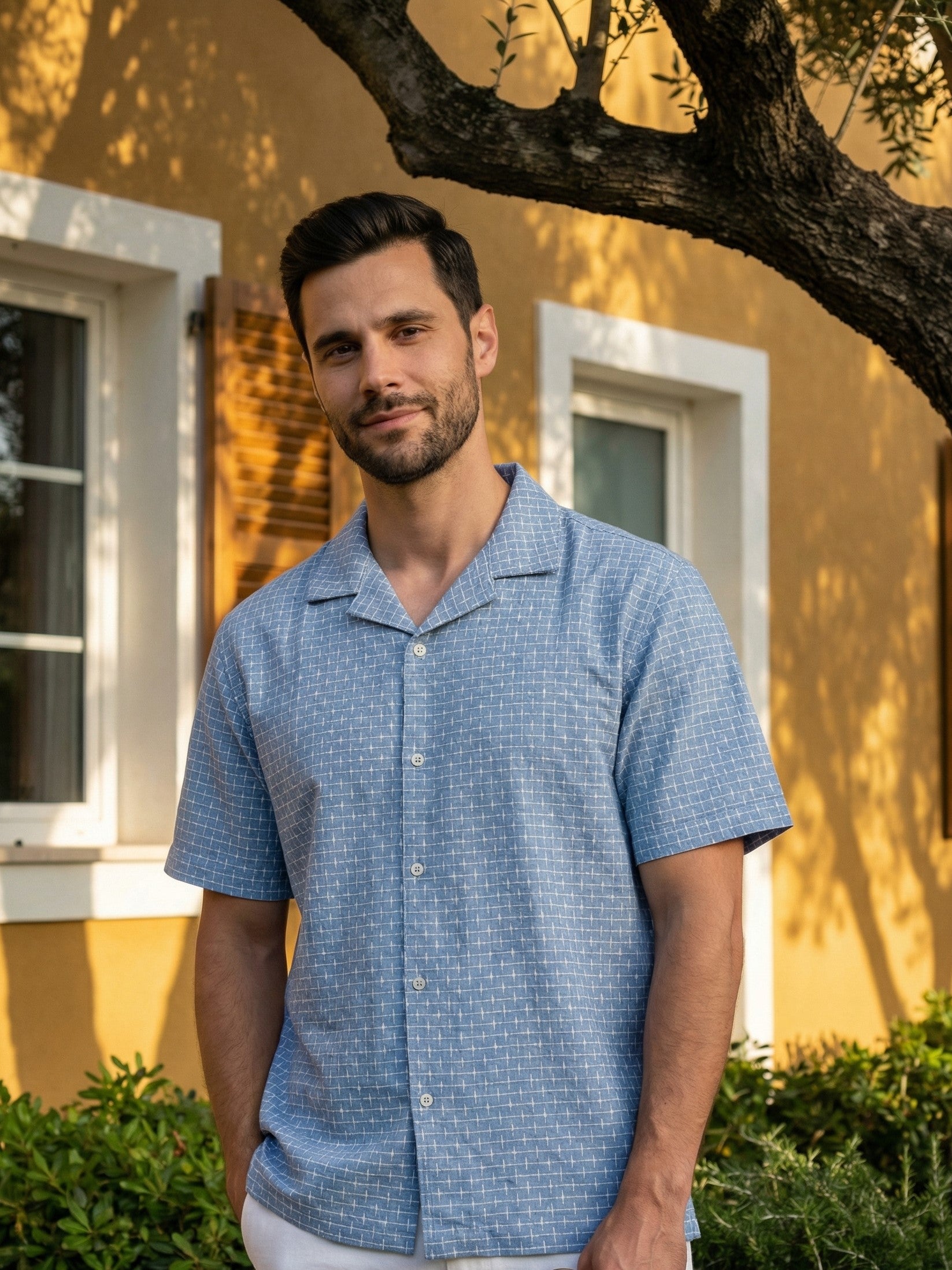 Blue Cuban Collar Short Sleeves Checks Cotton Men's Shirt